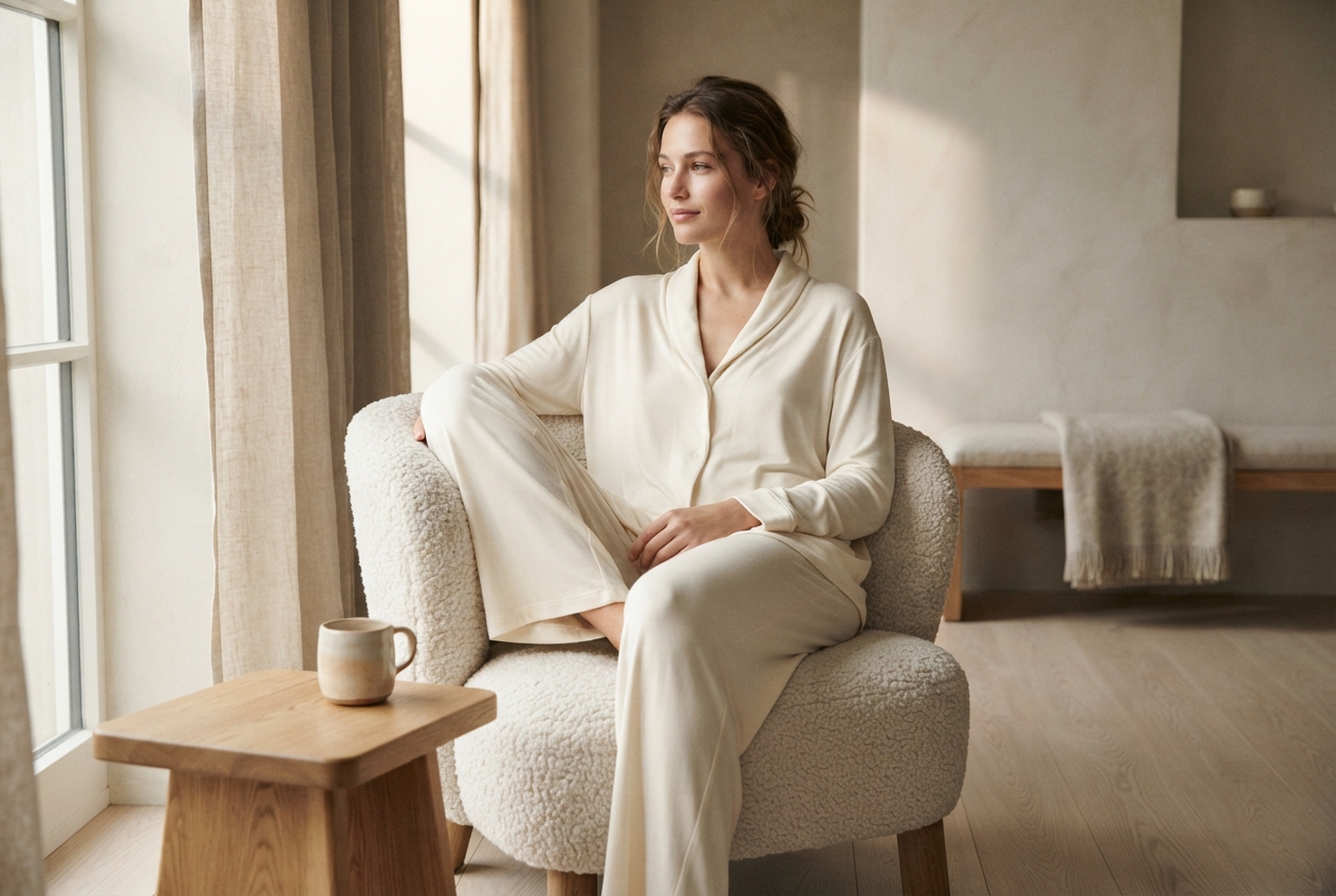 Woman in ivory loungewear sits in a cream armchair beside a mug and sunlit window.