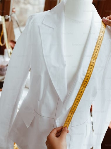 Hands measure a white blazer on a headless mannequin with a yellow measuring tape in a tailoring studio.